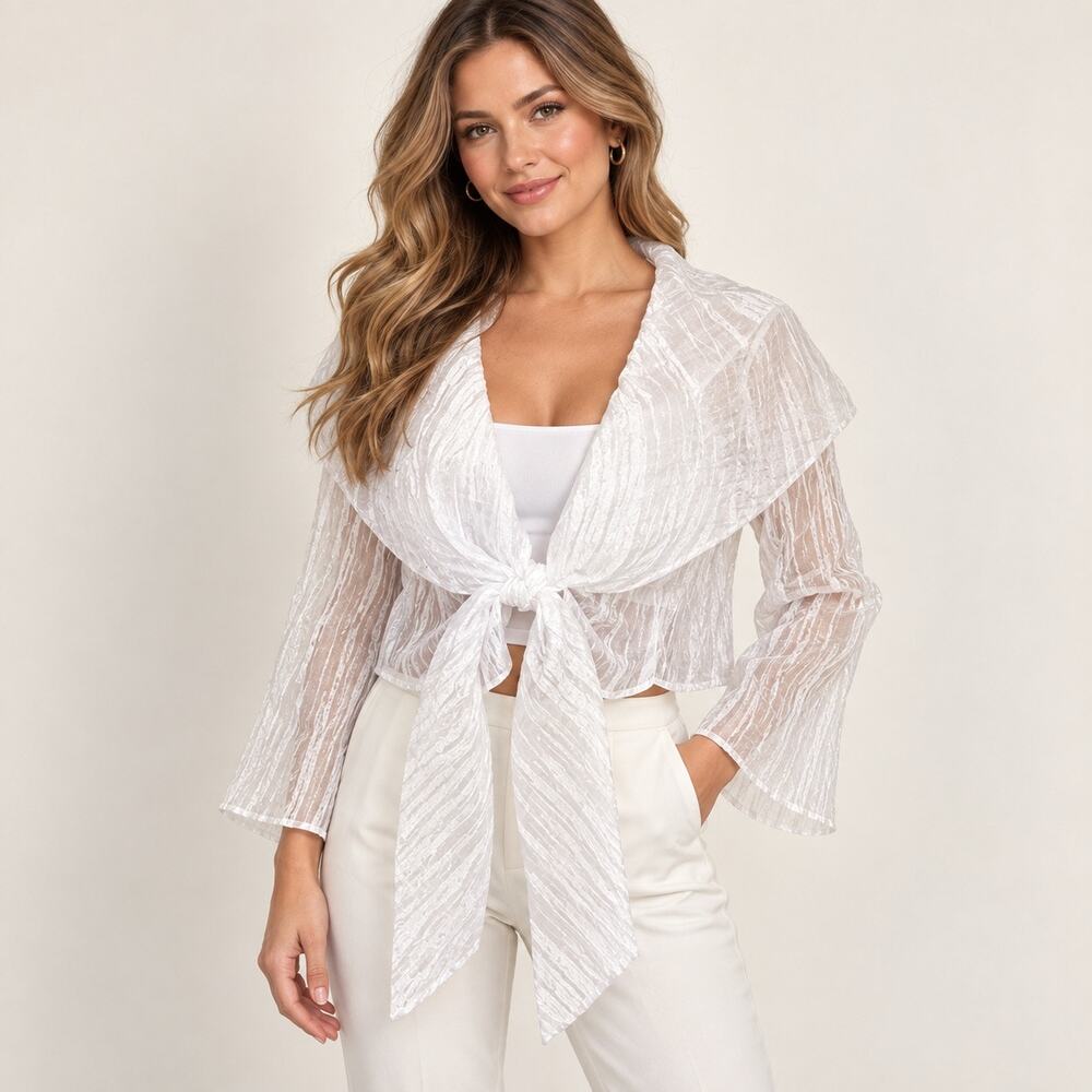 Samuel Dong Coleman Collection Blouse Womens 2 White Sheer Tie Front NWT
